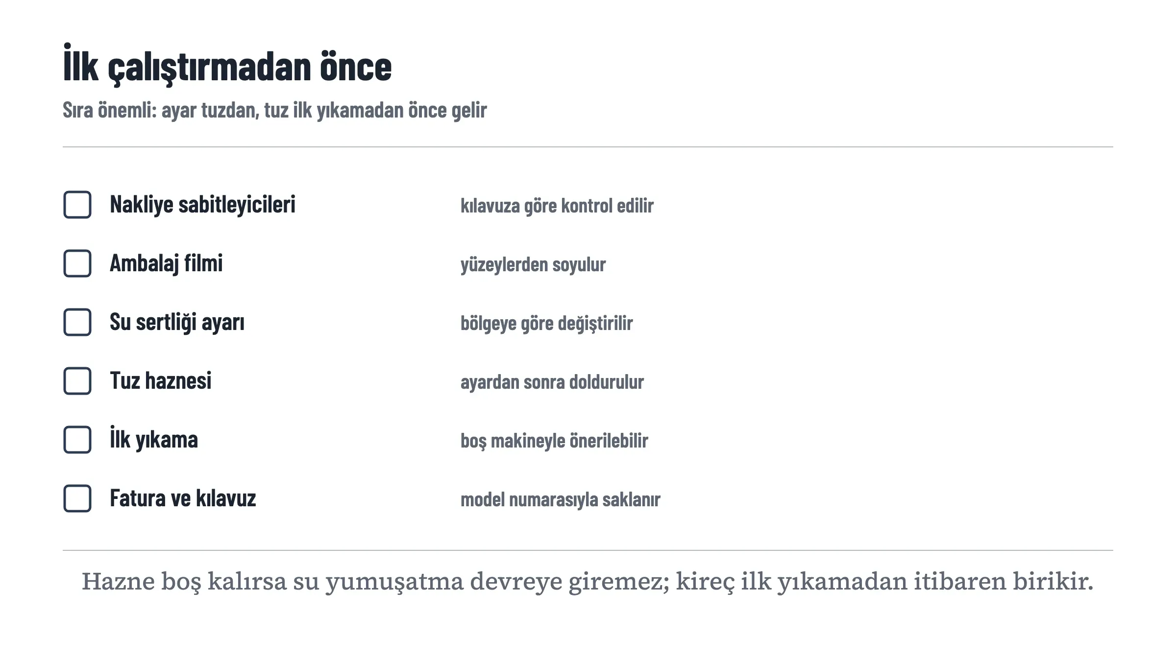 İlk çalıştırma öncesi yapılacak altı adımı sırayla gösteren onay listesi: nakliye sabitleyicilerini çıkar, ambalaj filmini soy, su sertliğini ayarla, tuz haznesini doldur, boş makineyle ilk yıkamayı yap, fatura ile kılavuzu sakla